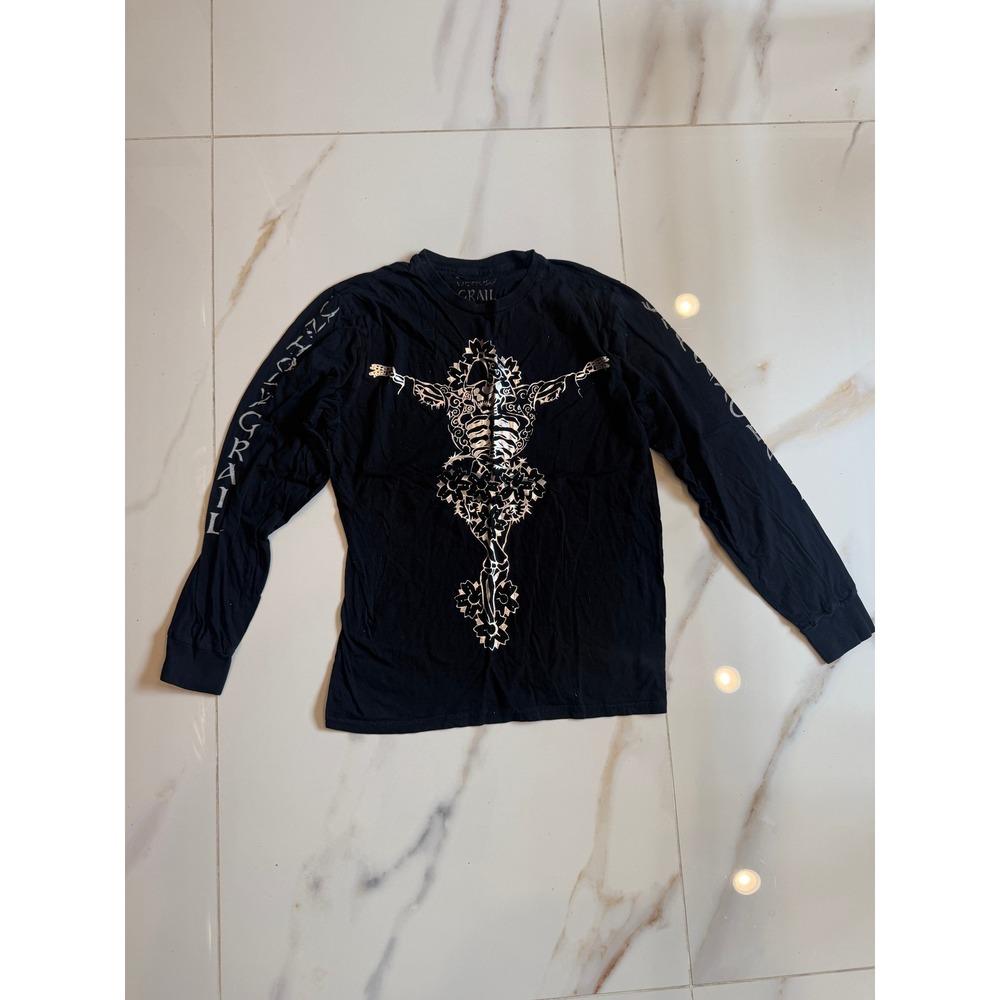 Unholy Grail Mens Black Silver Foil Skeleton Long Sleeve Graphic T-Shirt GM66